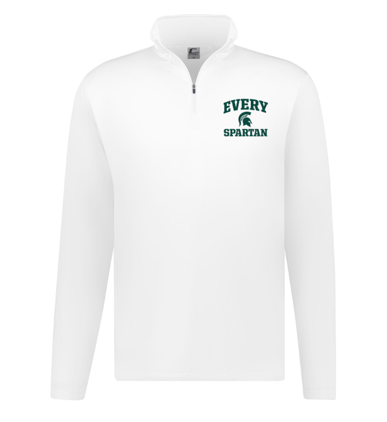 White quarter-zip pullover with green “Every Spartan” logo on the chest