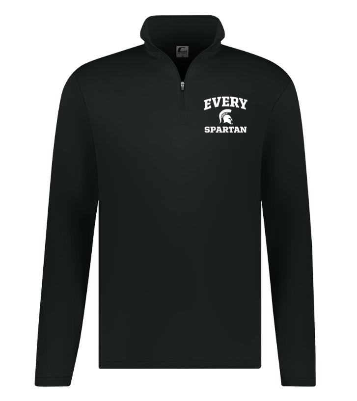 Black quarter-zip pullover with “EVERY SPARTAN” logo on the left chest.