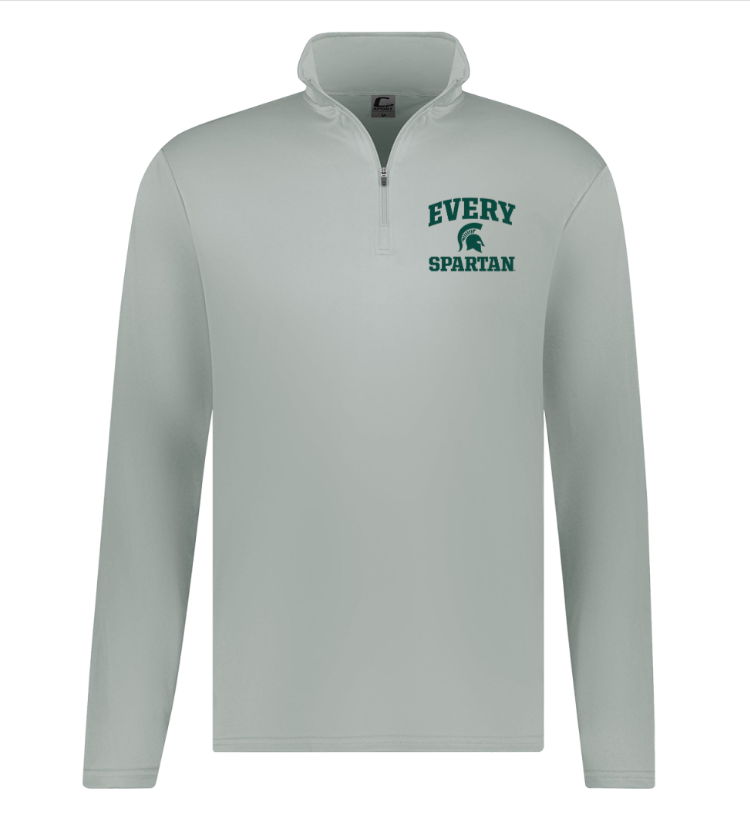 Light gray quarter-zip pullover with “EVERY SPARTAN” logo on the chest.