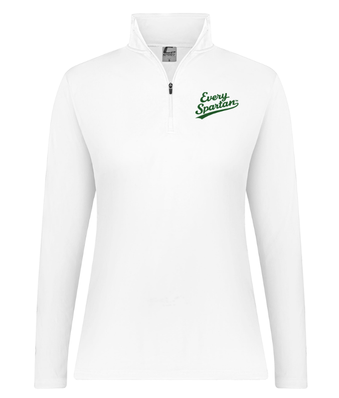 White long-sleeve quarter-zip pullover with a green logo on the left chest.