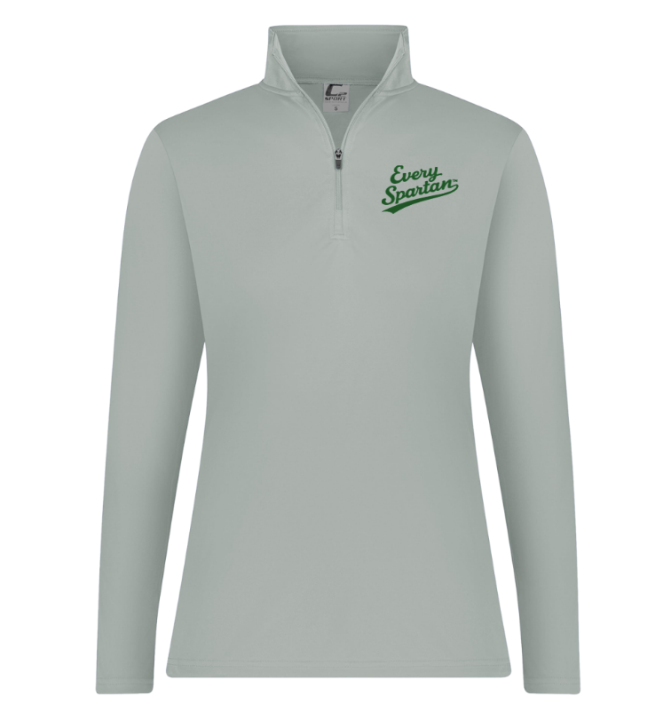Light gray quarter-zip pullover with green embroidered logo on chest