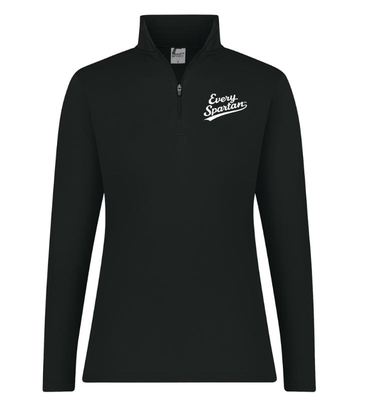 Black quarter-zip pullover with white logo on the chest
