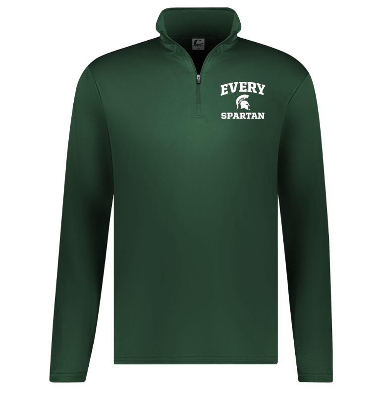 Dark green quarter-zip pullover with white “EVERY SPARTAN” logo on the chest