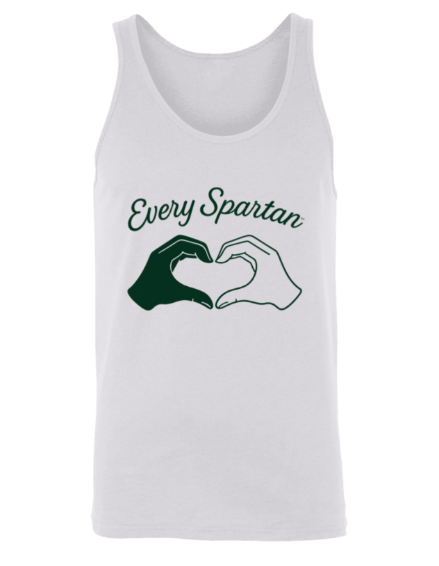 White tank top with “Every Spartan” text and two hands forming a heart in green and gray.