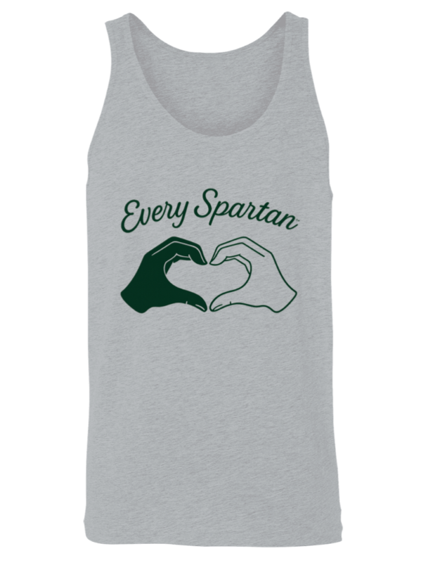 Gray tank top with “Every Spartan” text and a dark green hand-heart graphic on the chest