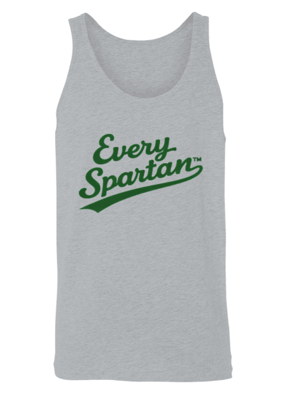 Gray sleeveless tank top with green “Every Spartan” logo on the chest