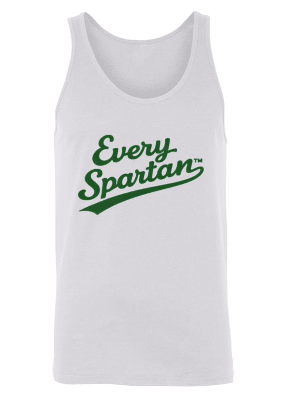 White tank top with green “Every Spartan” logo on the chest