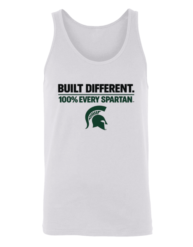 White Michigan State Spartans tank top with “BUILT DIFFERENT. 100% EVERY SPARTAN.” and Spartan helmet logo