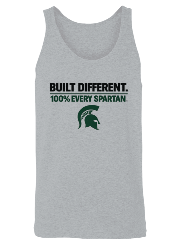 Gray tank top with “BUILT DIFFERENT. 100% EVERY SPARTAN.” and a green Spartan helmet logo.