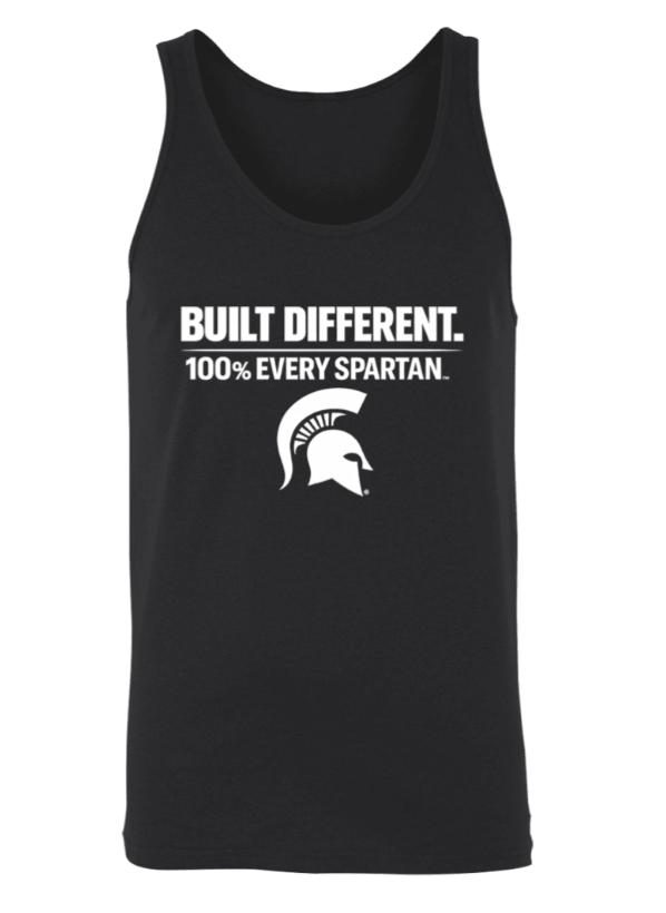Black tank top with white text “BUILT DIFFERENT. 100% EVERY SPARTAN.” and a Spartan helmet logo