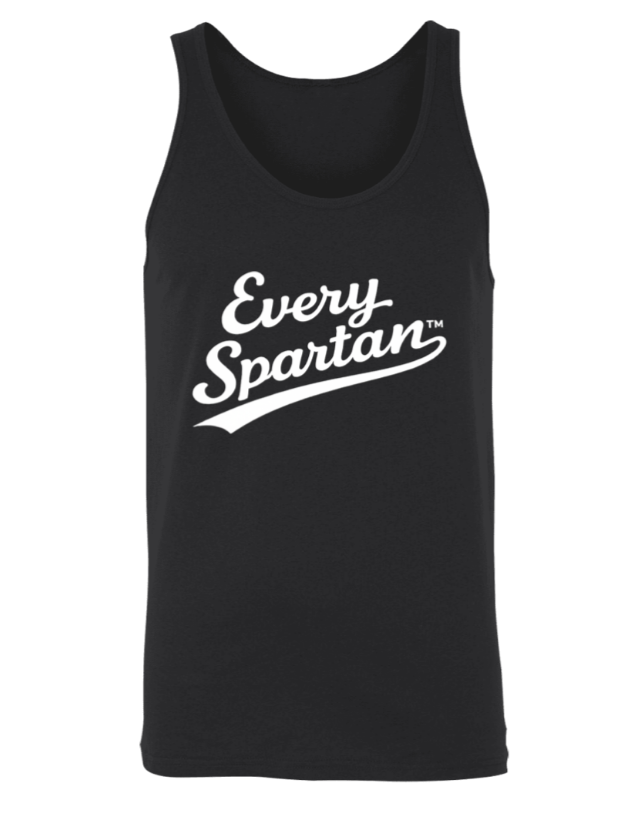 Black tank top with white “Every Spartan” text logo