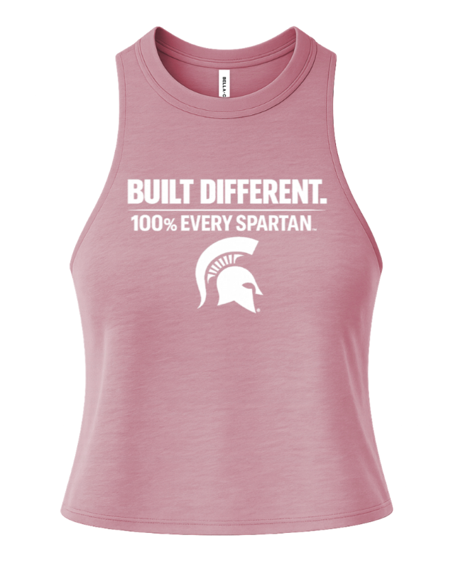 Pink sleeveless tank top with white text reading “BUILT DIFFERENT. 100% EVERY SPARTAN.” and Spartan helmet logo