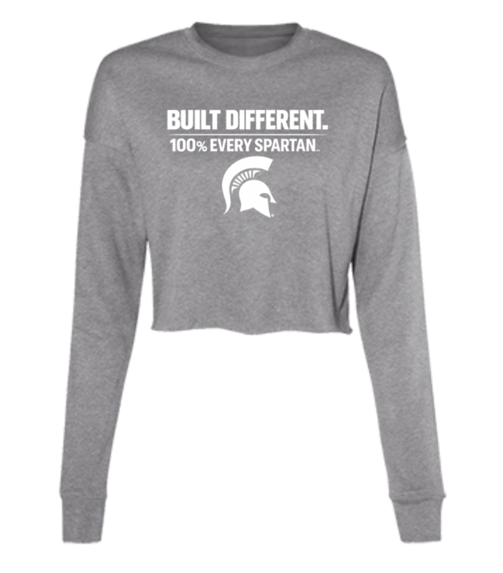 Gray long-sleeve cropped shirt with “BUILT DIFFERENT. 100% EVERY SPARTAN” and a Spartan helmet logo.