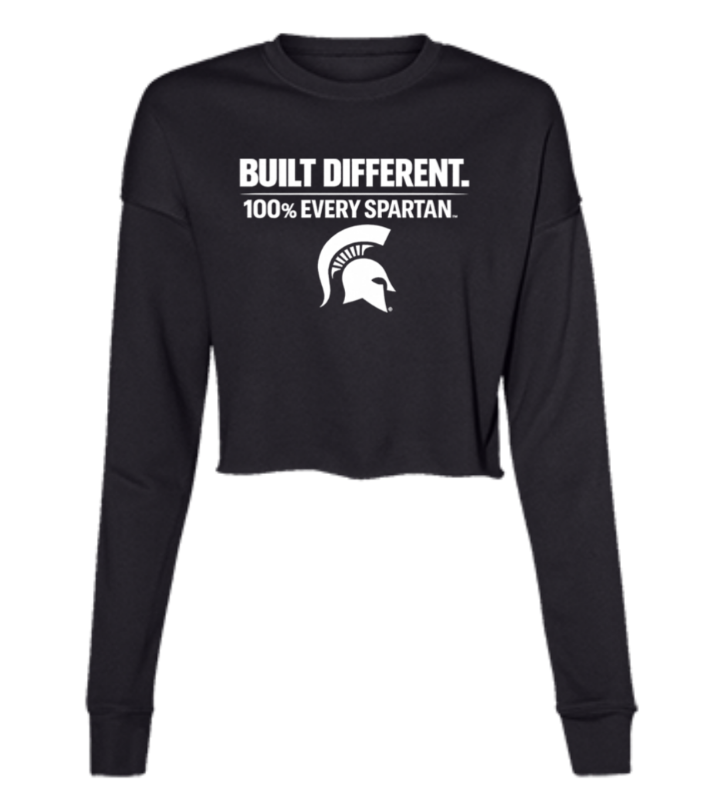 Black long-sleeve crop top with white “BUILT DIFFERENT. 100% EVERY SPARTAN.” text and Spartan helmet logo