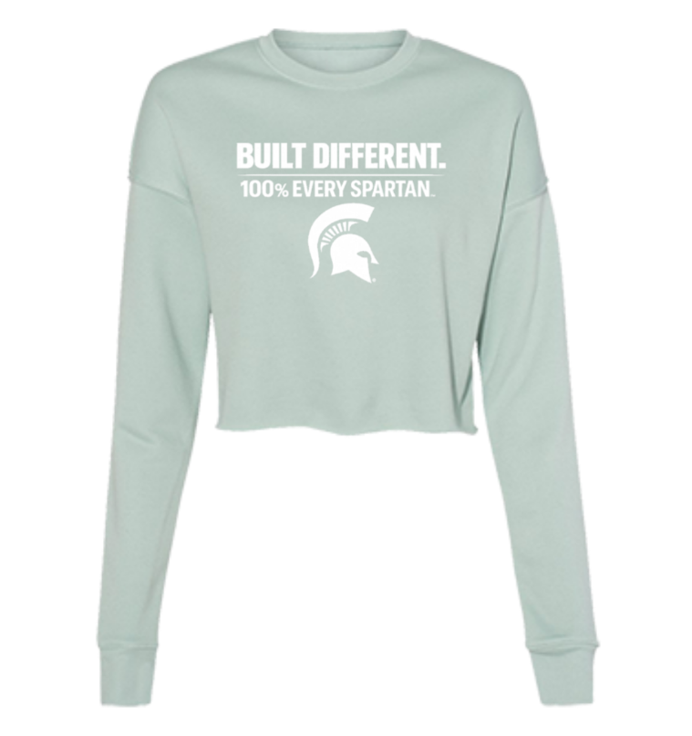 Mint green long-sleeve sweatshirt with white Spartan text and helmet logo.