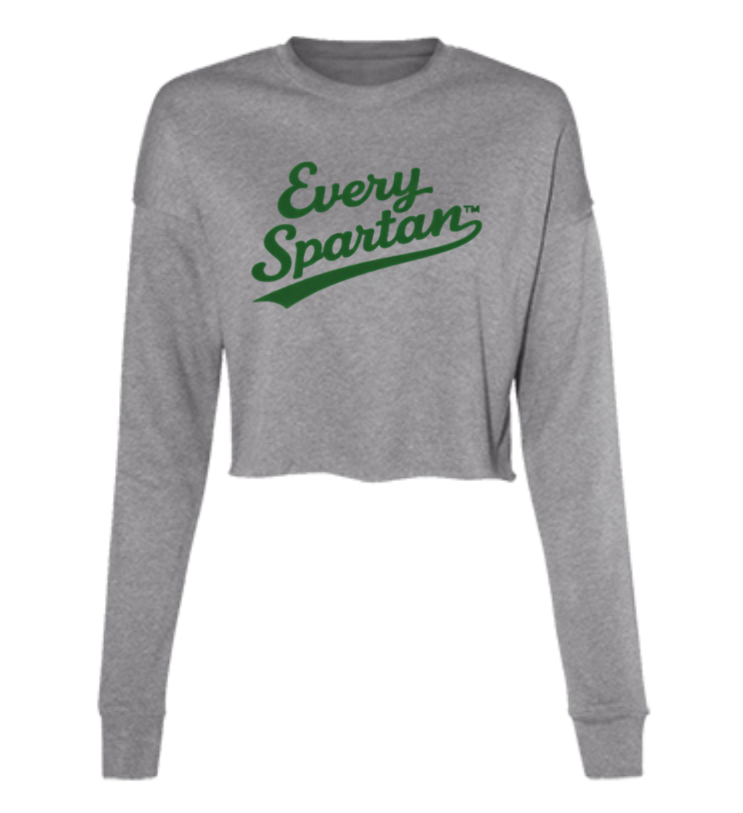 Gray cropped long-sleeve sweatshirt with green “Every Spartan” lettering