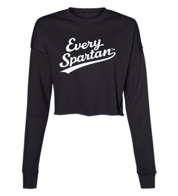 Black long-sleeve cropped shirt with white “Every Spartan” text on the front