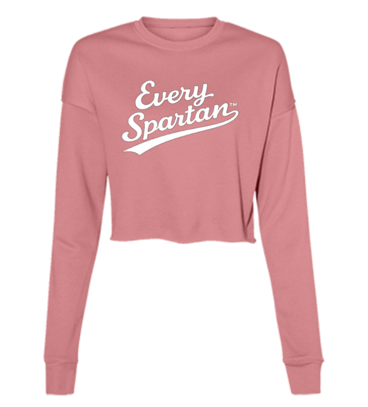 Pink long-sleeve cropped sweatshirt with white “Every Spartan” text on the front