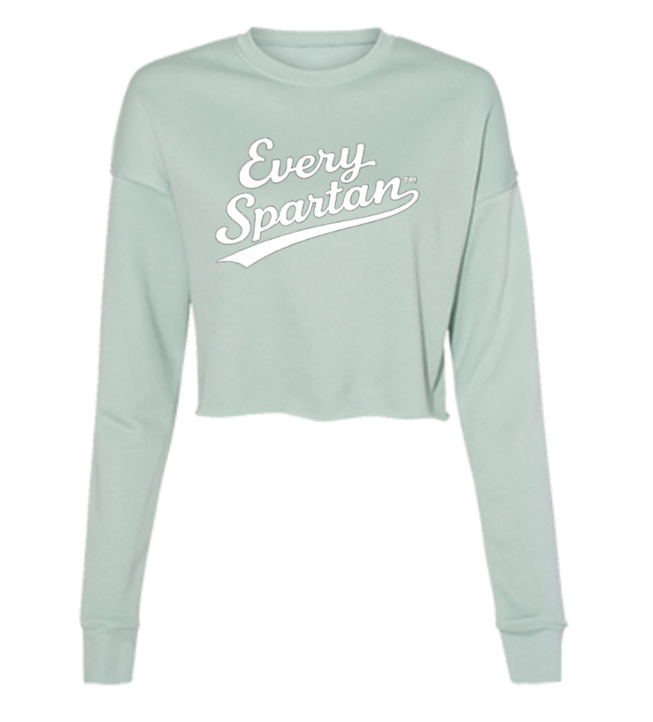 Mint green cropped long-sleeve shirt with white “Every Spartan” text on the front