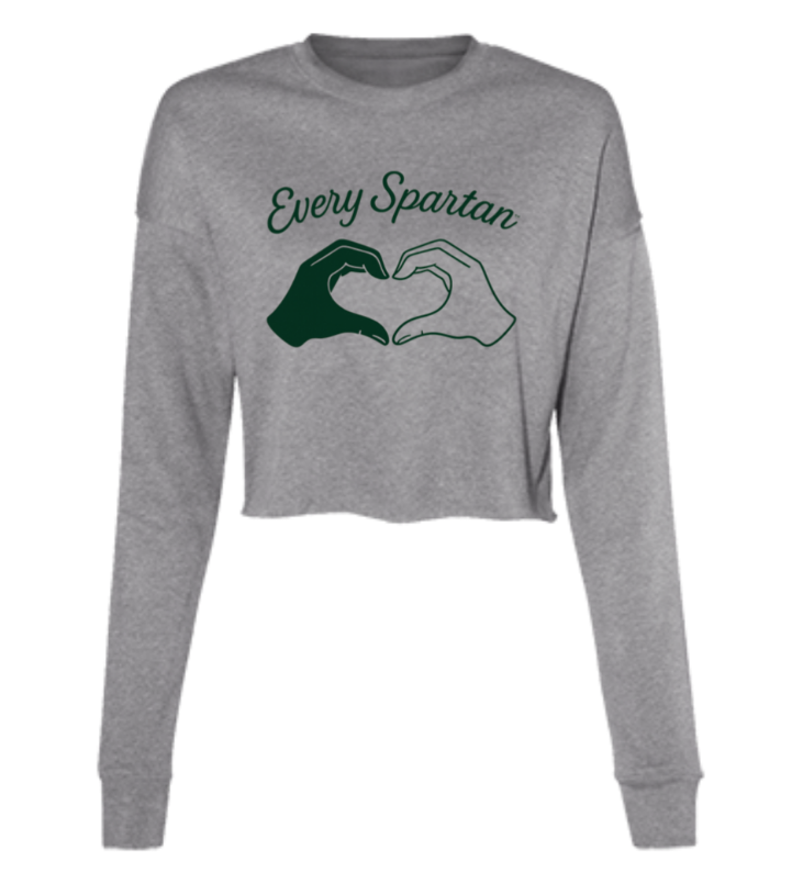 Gray long-sleeve shirt with “Every Spartan” text and a green-and-white handshake graphic
