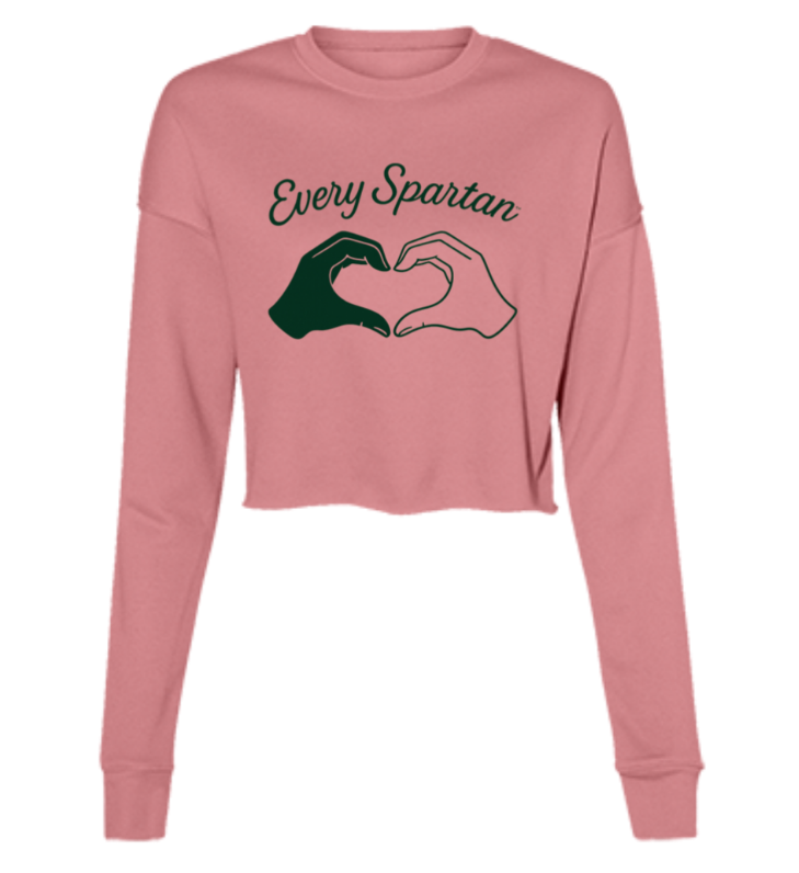 Pink long-sleeve crop top with “Every Spartan” text and two hands forming a heart.