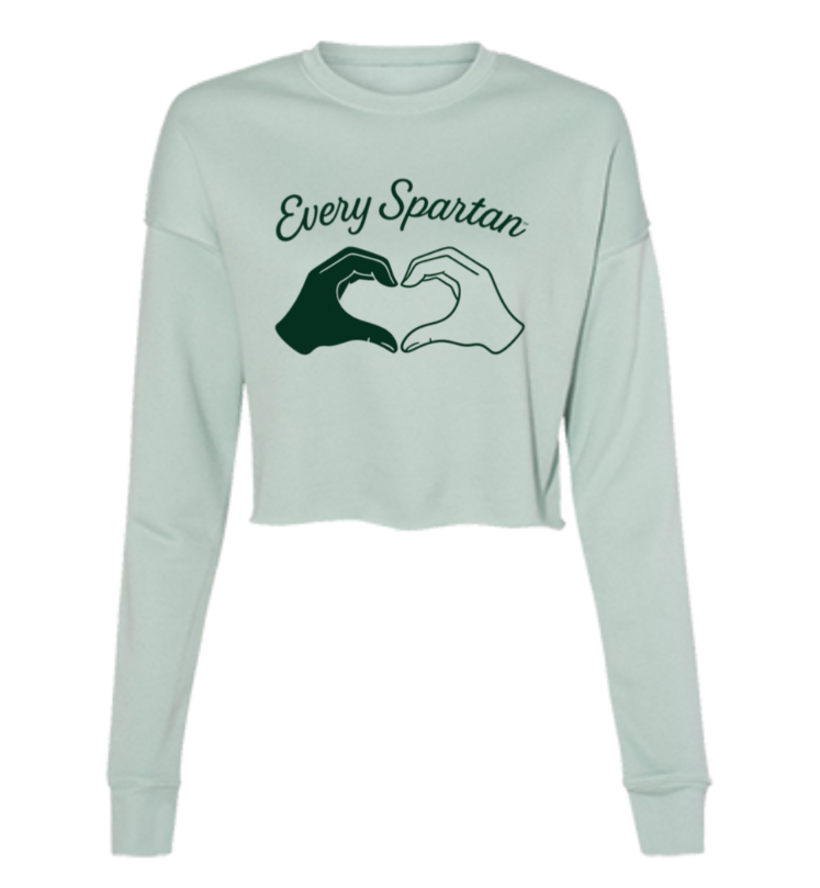 Mint green long-sleeve shirt with “Every Spartan” text and two hands forming a heart shape