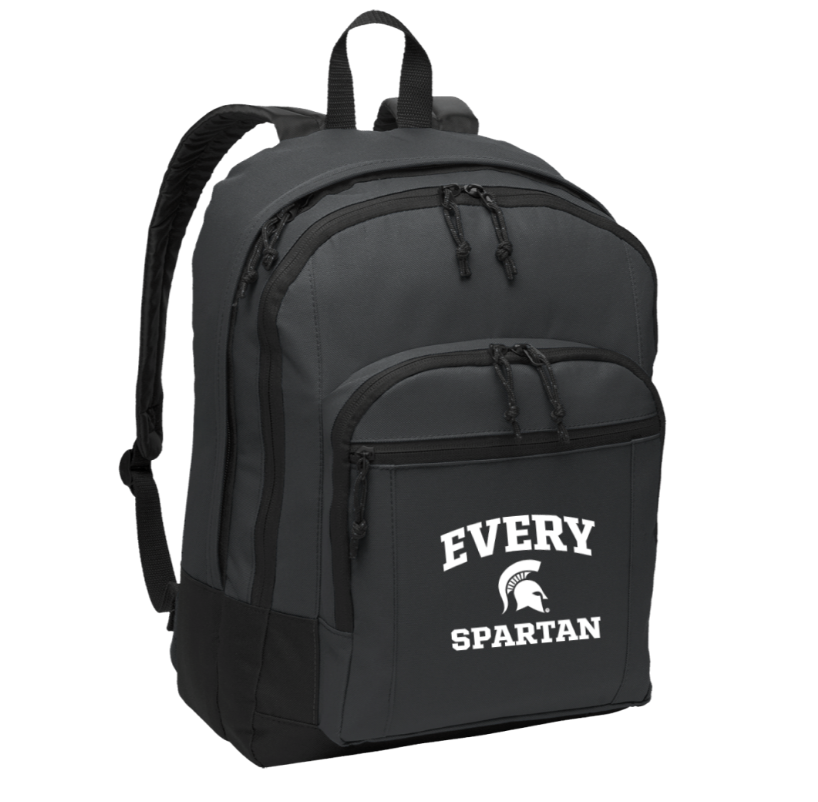 Black backpack with front pocket and white “Every Spartan” logo on the front.