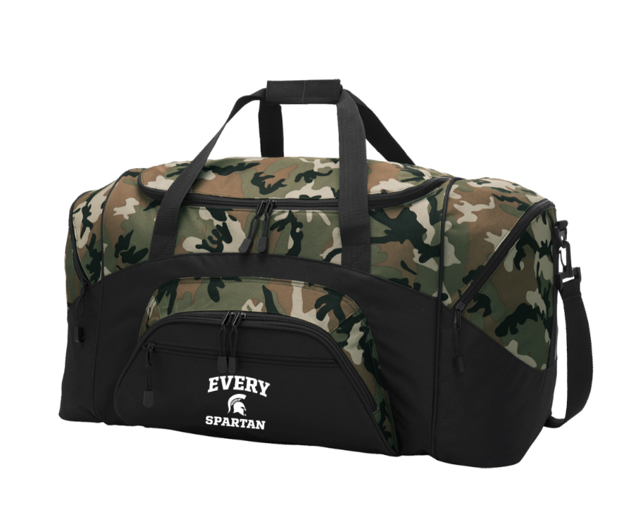 Camouflage and black duffel bag with shoulder strap and front pocket, labeled “EVERY SUPERHERO.”