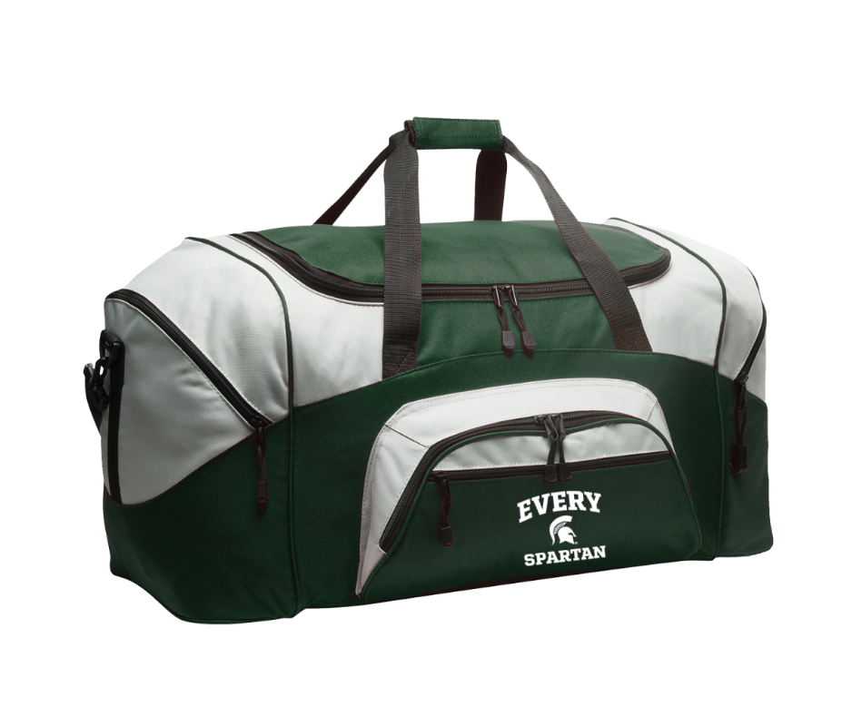 Green and gray duffel bag with shoulder straps and front pocket, branded Every Mountain