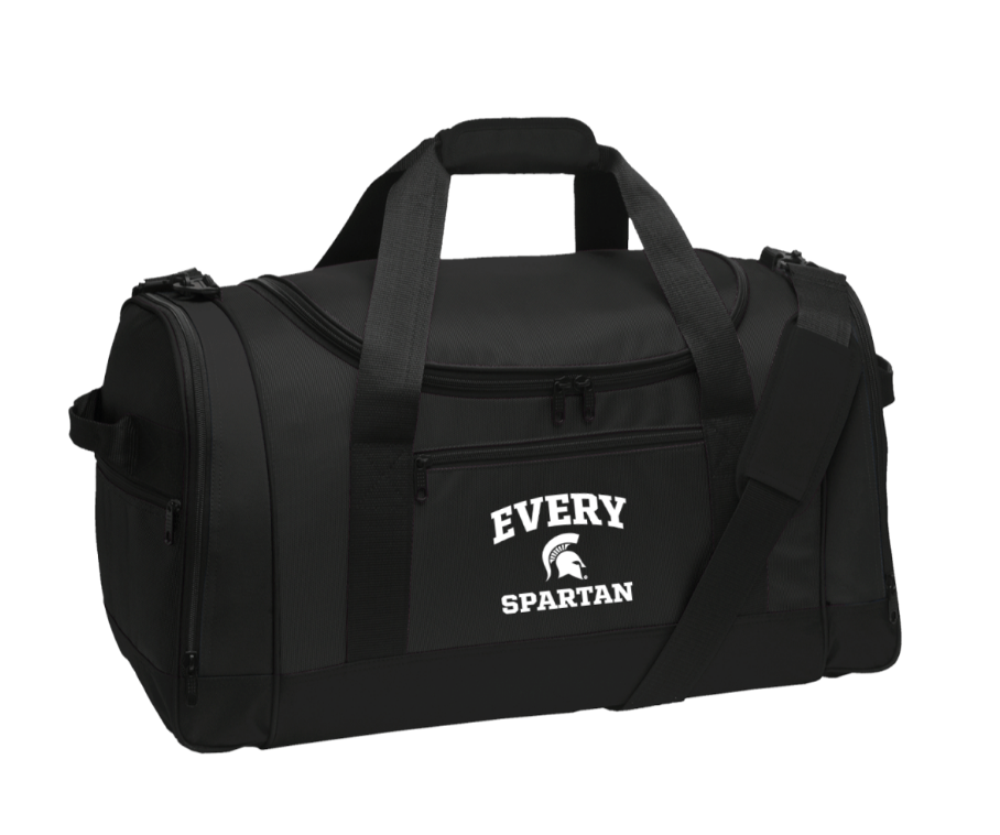 Black duffel bag with handles, side pockets, and “Every Spartan” logo on the front