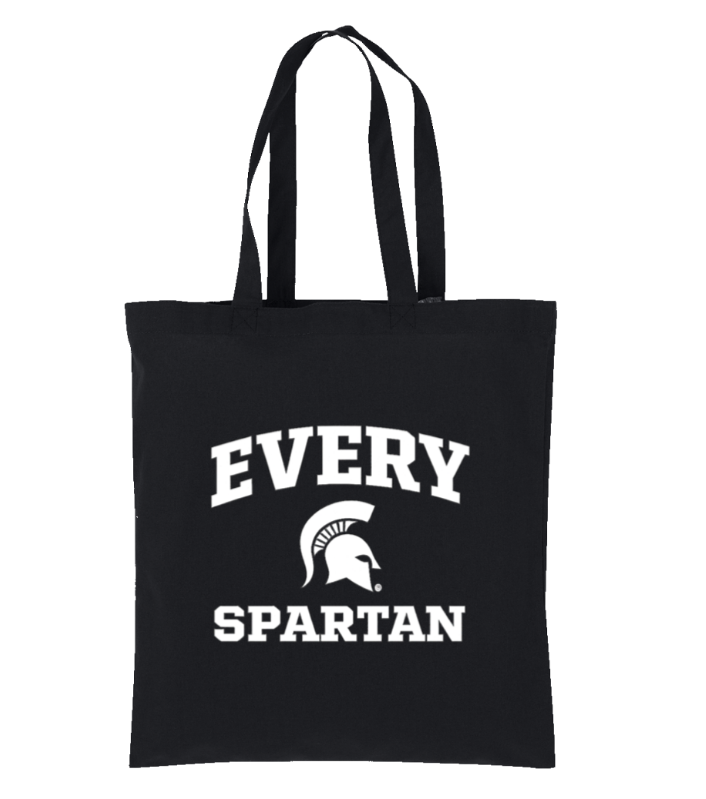 Black tote bag with “EVERY SPARTAN” text and a Spartan helmet logo in white.