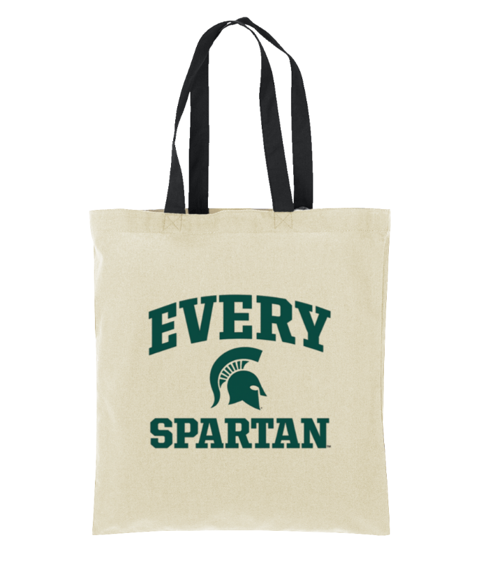 Cream tote bag with black handles and green “EVERY SPARTAN” text and Spartan helmet logo