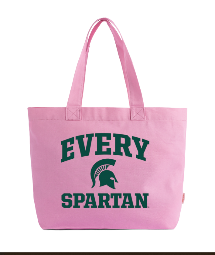 Pink tote bag with green “EVERY SPARTAN” text and Spartan helmet logo