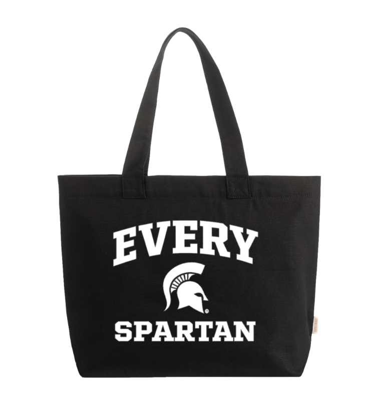 Black tote bag with “EVERY SPARTAN” text and a Spartan helmet logo