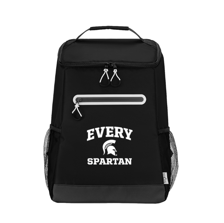 Black backpack with front pockets and white “EVERY SPARTAN” text on the front.
