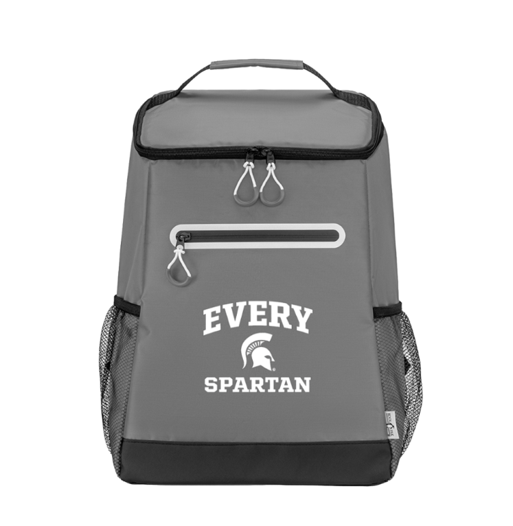 Gray backpack with black trim, front zipper pocket, and “EVERY SPARTAN” text and logo