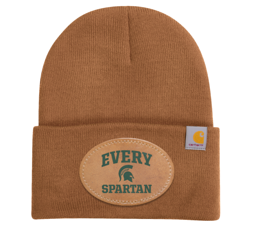 Tan knit beanie with a tan “EVERY SPARTAN” patch and small logo tag