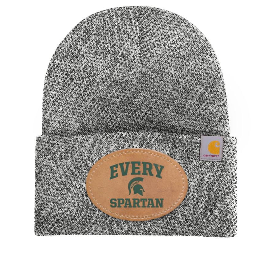 Gray knit beanie with tan “EVERY SPARTAN” patch and small Carhartt logo tag