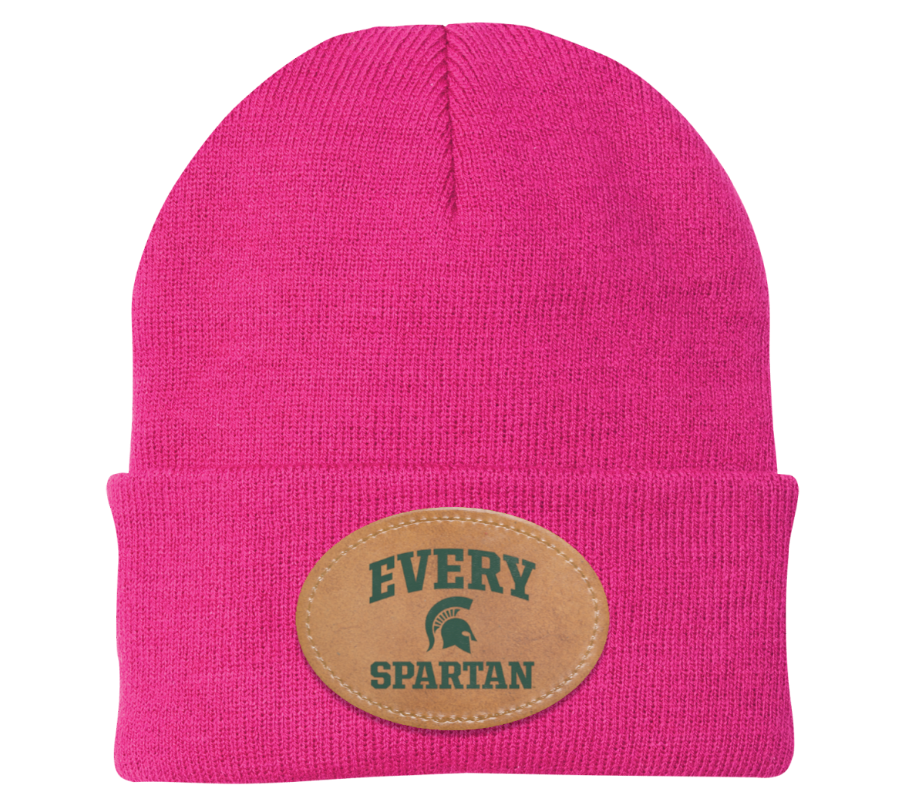 Pink knit beanie with tan patch reading “EVERY SPARTAN”