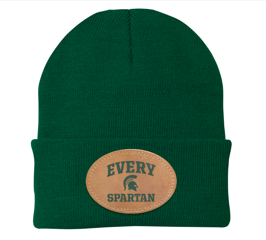 Green knit beanie with tan patch reading “EVERY SPARTAN”