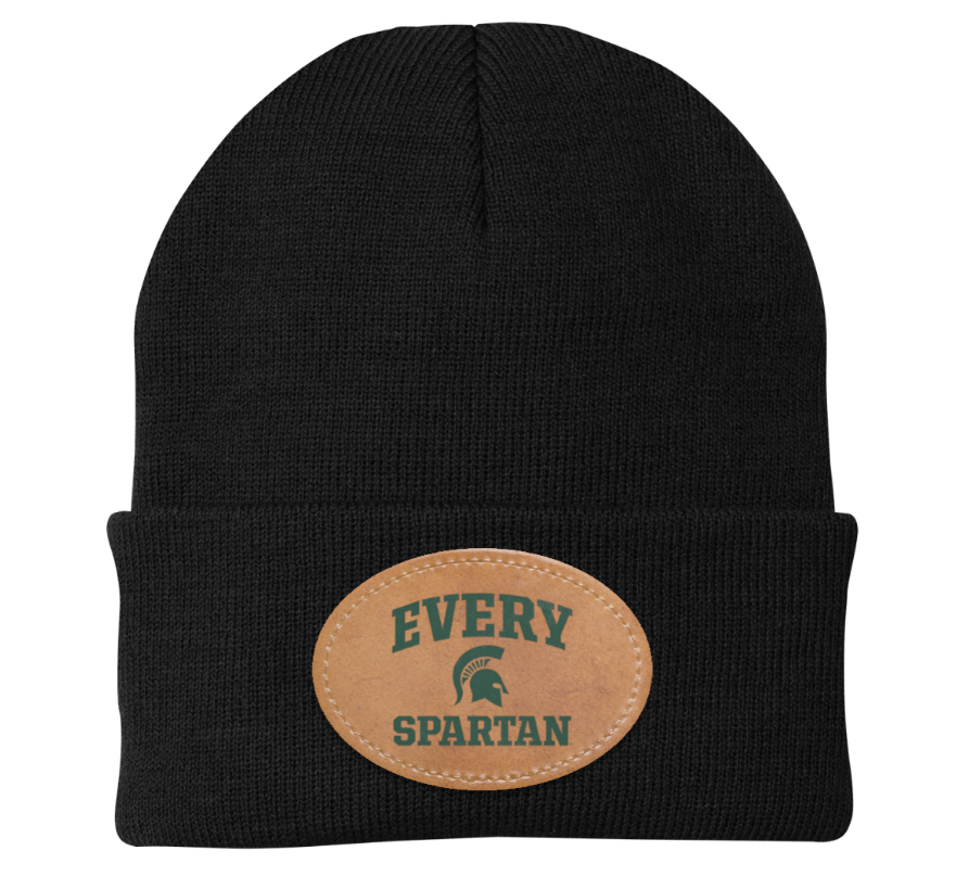 Black knit beanie with tan patch reading “EVERY SPARTAN”