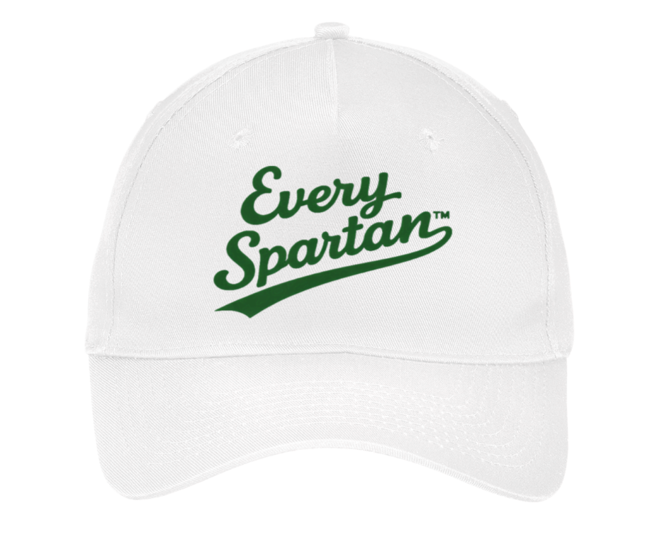 White baseball cap with green “Every Spartan” logo on the front