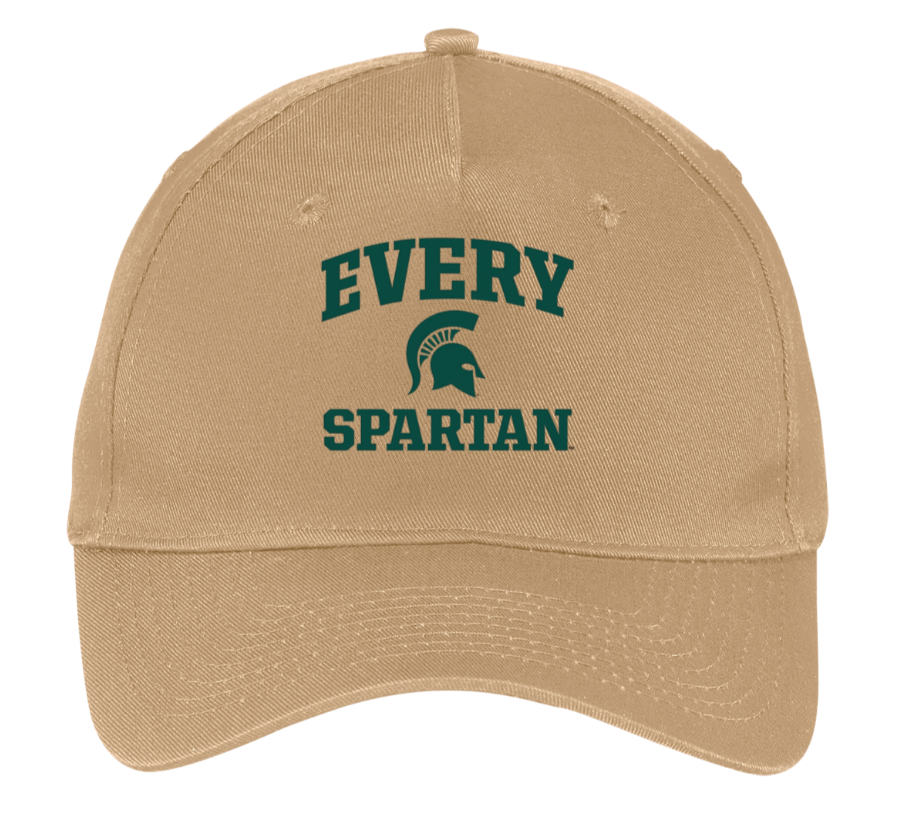 Tan baseball cap with green “EVERY SPARTAN” text and Spartan helmet logo