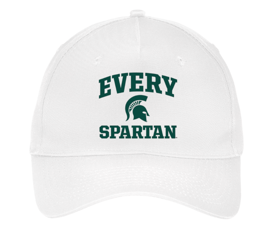 White baseball cap with green “EVERY SPARTAN” text and Spartan helmet logo