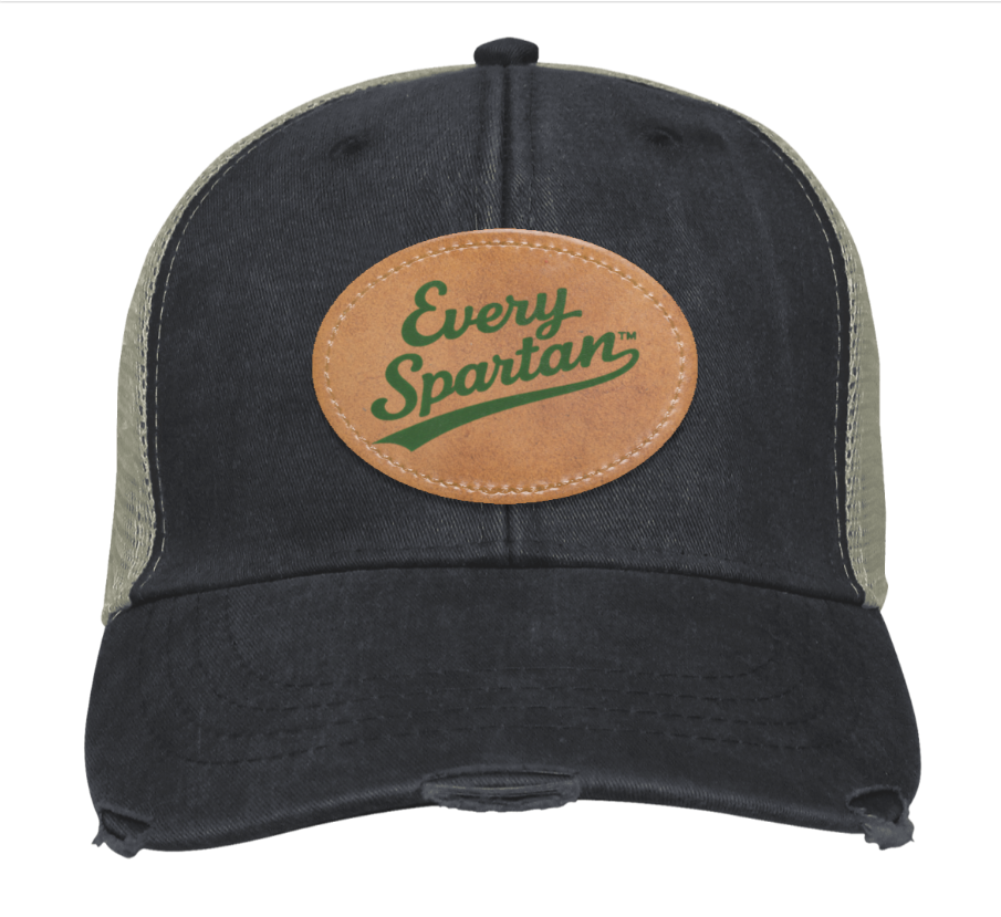 Black baseball cap with tan patch reading “Every Spartan.”