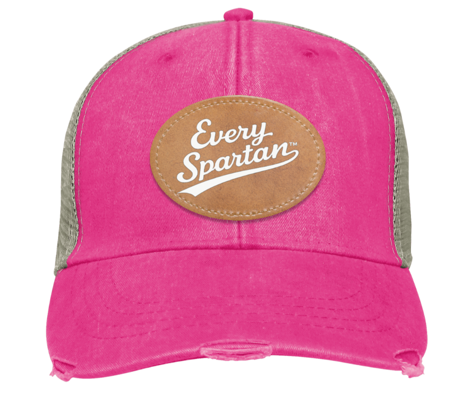 Pink and gray mesh baseball cap with a tan “Every Spartans” patch on the front