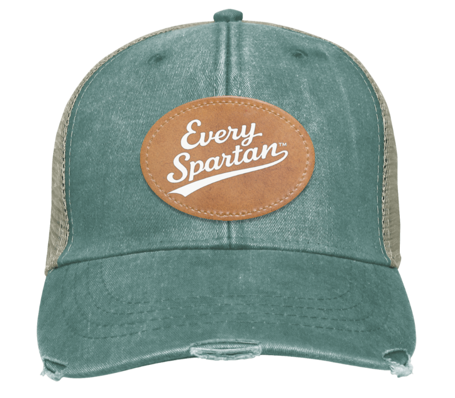 Teal baseball cap with tan “Every Spartan’s” patch on the front