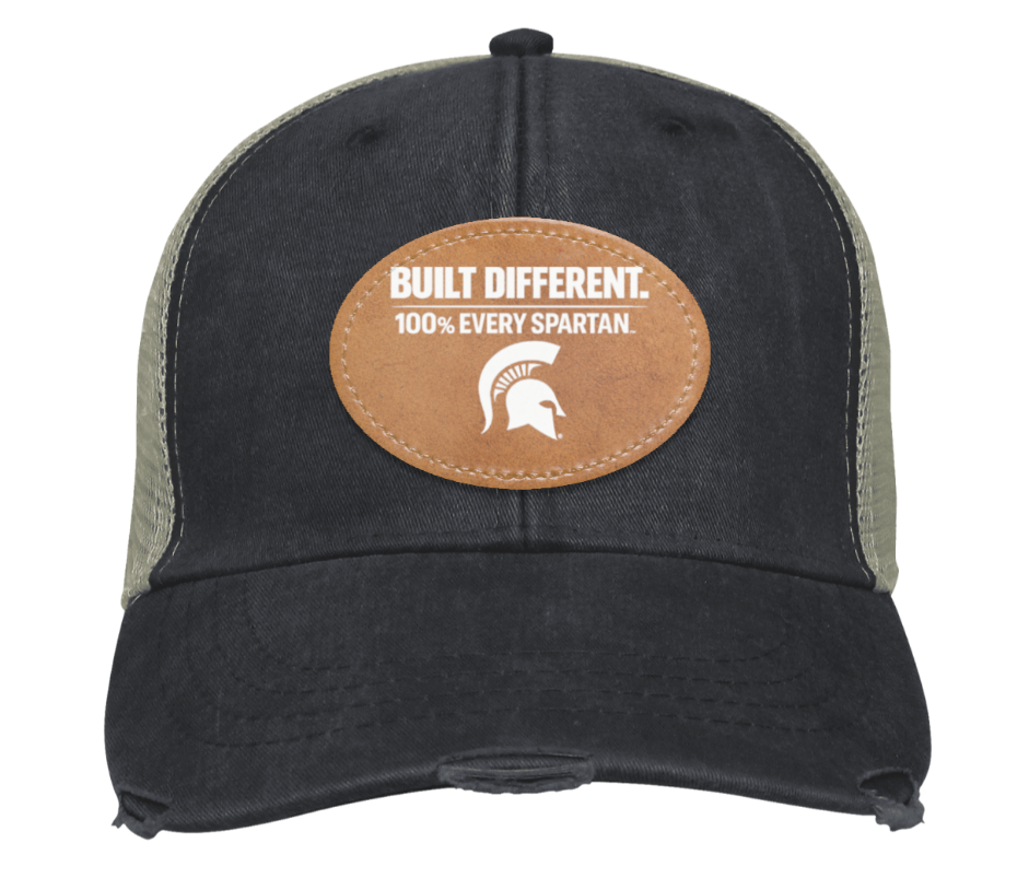 Black baseball cap with tan patch reading “BUILT DIFFERENT. 100% EVERY SPARTAN.”