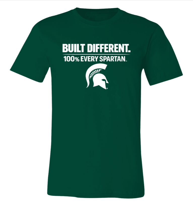 Green T-shirt with white “Built Different. 100% Every Spartan.” text and Spartan helmet logo