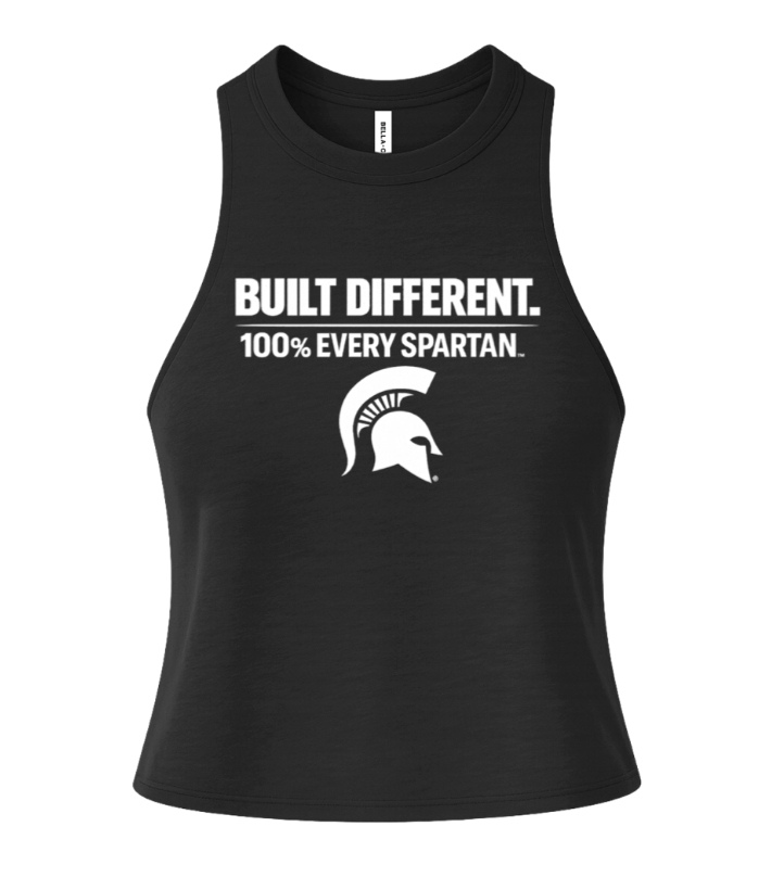 Black Spartan tank top with “BUILT DIFFERENT. 100% EVERY SPARTAN.” and Spartan helmet logo